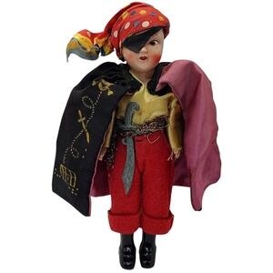 Vintage Celluloid Pirate Doll Halloween Costume Cape Eye Patch Treasure‎ Sword